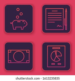 Set line Piggy bank with coin, Stacks paper money cash, Contract with pen and Document with graph chart. Blue square button. Vector