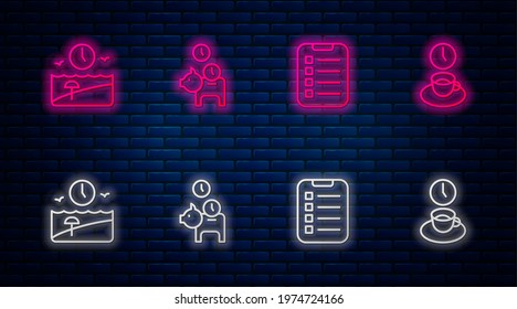 Set line Piggy bank with coin, To do list or planning, Vacation time and Coffee. Glowing neon icon on brick wall. Vector