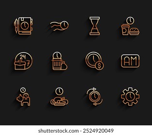 Set line Piggy bank with coin, Food time, Daily paper notepad, Clock arrow, Time Management, Waste of, Morning and is money icon. Vector
