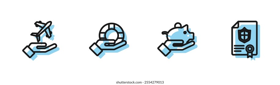 Set line Piggy bank in hand, Plane, Lifebuoy and Contract with shield icon. Vector