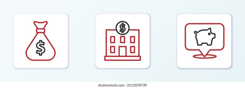 Set line Piggy bank, Money bag and Bank building icon. Vector