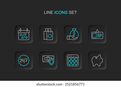 Set line Piggy bank, compras en línea en la pantalla, dinero con escudo, reloj 24 horas, insignia de Identificación, bolso, papel y descuento por ciento icono de etiqueta. Vector