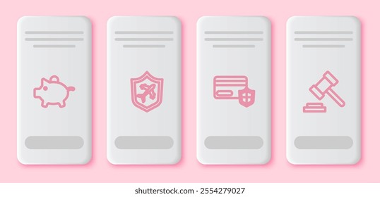 Set line Piggy bank, Plane with shield, Credit card and Judge gavel. White rectangle button. Vector