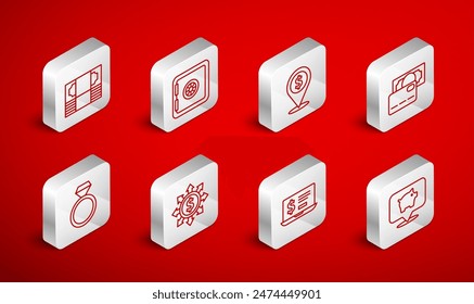 Set line Piggy bank, Safe, Cash location, Credit card, Laptop with dollar, Stacks paper money cash, Dollar, share, network and Diamond engagement ring icon. Vector