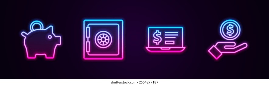 Set line Piggy bank, Safe, Laptop with dollar and Hand giving money. Glowing neon icon. Vector