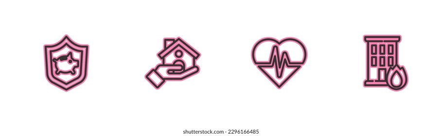 Set line Piggy bank with shield, Health insurance, House and Fire burning house icon. Vector