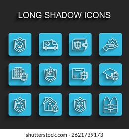 Set line Piggy bank with shield, Fire in burning house, Graduation cap, Plane, Life jacket, Travel suitcase,  and Delivery security icon. Vector
