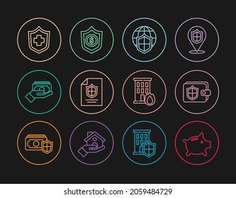 Set line Piggy bank, Wallet with shield, Shield world globe, Contract, Stacks paper money cash, Health insurance, Fire burning house and dollar icon. Vector
