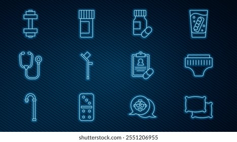 Set line Travesseiro, Fralda para adultos, Frasco e comprimidos de medicamentos, Muleta ou muletas, Estetoscópio, Sino de orelhas, Receita médica e ícone. Vetor