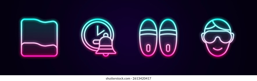 Set line Pillow, Alarm clock, Slippers and Eye sleep mask. Glowing neon icon. Vector