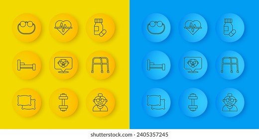 Set line Pillow, Bed, Grandfather, Grandmother, Walker, Eyeglasses, Medicine bottle pills and Heart rate icon. Vector