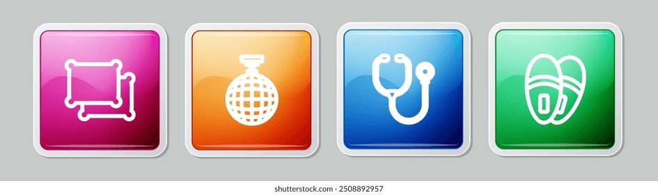 Set line Pillow, Disco ball, Stethoscope and Slippers. Colorful square button. Vector