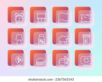 Set line Pillow, Sleeping hat, Sheep, Dreams, pill, Alarm clock and Window with curtains icon. Vector