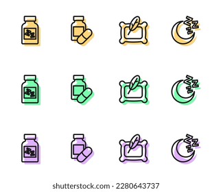 Set line Pillow, Sleeping pill,  and Moon and stars icon. Vector