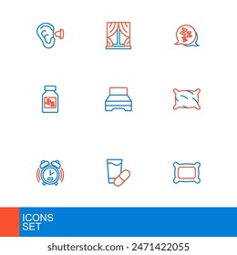 Set line Pillow, Sleeping pill, Alarm clock, Big bed, Sleepy and Window with curtains icon. Vector