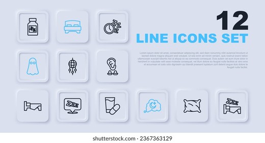 Set line Pillow, Time to sleep, Dream catcher with feathers, Dreams, Ghost, Sleepy, Big bed and Sleeping pill icon. Vector