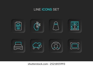 Set line almohada, almohada de cuello de viaje, ovejas, cama grande, ventana con cortinas, fantasma, sueños e icono de receta médica. Vector