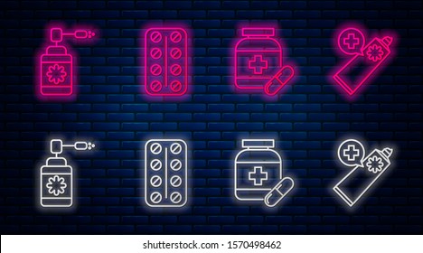Set line Pills in blister pack, Medicine bottle and pills, Medical bottle with nozzle spray and Ointment cream tube medicine. Glowing neon icon on brick wall. Vector