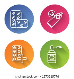 Set line Pills in blister pack, Ointment cream tube medicine, Pills in blister pack and Medical bottle with nozzle spray. Color circle button. Vector