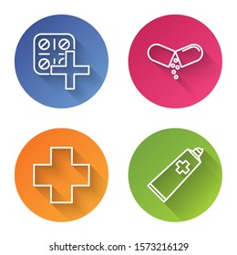 Set line Pills in blister pack, Medicine pill or tablet, Cross hospital medical and Ointment cream tube medicine. Color circle button. Vector