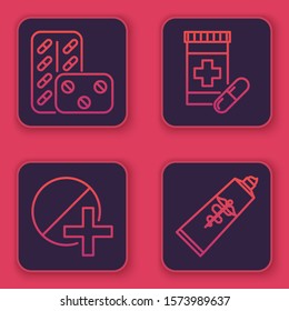 Set line Pills in blister pack, Medicine pill or tablet, Medicine bottle and pills and Ointment cream tube medicine. Blue square button. Vector