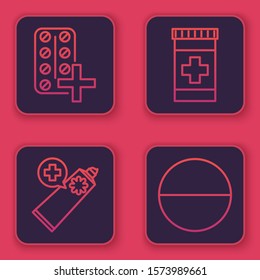 Set line Pills in blister pack, Ointment cream tube medicine, Medicine bottle and Medicine pill or tablet. Blue square button. Vector