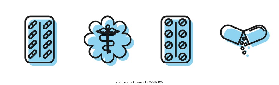 Set line Pills in blister pack, Pills in blister pack, Emergency star medical symbol Caduceus snake with stick and Medicine pill or tablet icon. Vector