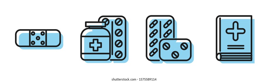 Set line Pills in blister pack, Bandage plaster, Medicine bottle and pills and Medical book icon. Vector