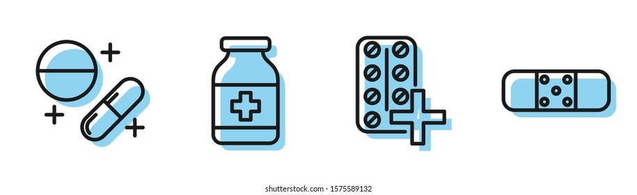 Set line Pills in blister pack, Medicine pill or tablet, Medicine bottle and Bandage plaster icon. Vector