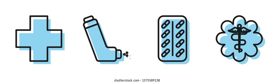 Set line Pills in blister pack, Cross hospital medical, Inhaler and Emergency star medical symbol Caduceus snake with stick icon. Vector