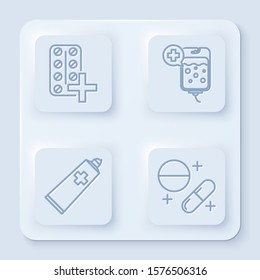 Set line Pills in blister pack, IV bag, Ointment cream tube medicine and Medicine pill or tablet. White square button. Vector
