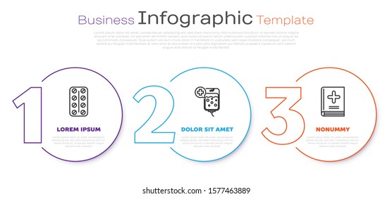 Set line Pills in blister pack, IV bag and Medical book. Business infographic template. Vector
