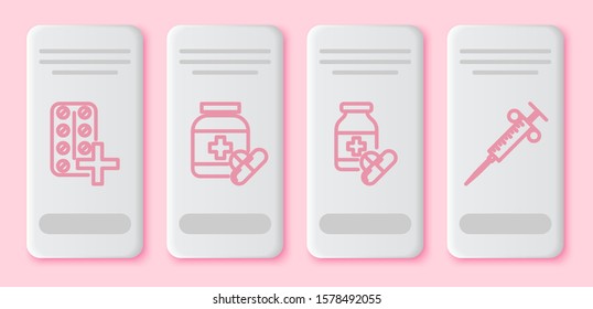 Set line Pills in blister pack, Medicine bottle and pills, Medicine bottle and pills and Syringe. White rectangle button. Vector