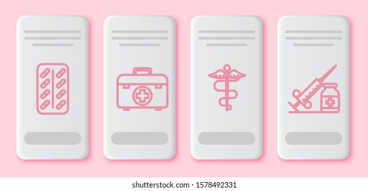 Set line Pills in blister pack, First aid kit, Caduceus snake medical symbol and Medical syringe with needle and vial or ampoule. White rectangle button. Vector