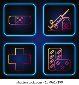 Set line Pills in blister pack, Cross hospital medical, Bandage plaster and Medical syringe with needle and vial or ampoule. Gradient color icons. Vector
