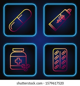 Set line Pills in blister pack, Medicine bottle and pills, Medicine pill or tablet and Ointment cream tube medicine. Gradient color icons. Vector