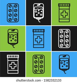 Set line Pills in blister pack, Medicine bottle and IV bag icon. Vector