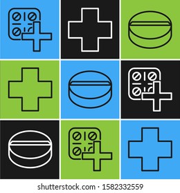 Set line Pills in blister pack, Medicine pill or tablet and Cross hospital medical icon. Vector