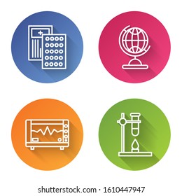 Set line Pills in blister pack, Earth globe, Computer monitor with cardiogram and Glass test tube flask on fire heater. Color circle button. Vector