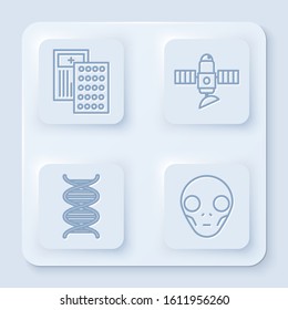 Set line Pills in blister pack, Satellite, DNA symbol and Extraterrestrial alien face. White square button. Vector