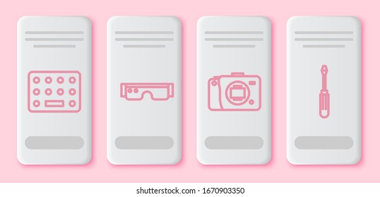 Set line Pills in blister pack, Smart glasses, Mirrorless camera and Screwdriver. White rectangle button. Vector