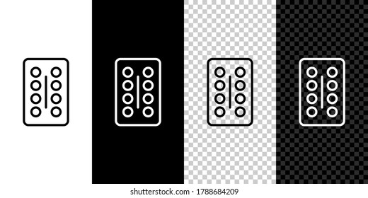 Set line Pills in blister pack icon isolated on black and white background. Medical drug package for tablet, vitamin, antibiotic, aspirin.  Vector Illustration