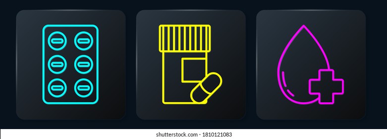 Ponga la línea de las pastillas en el blister, done la sangre de gota con la cruz y frasco y pastillas de Medicina. Botón cuadrado negro. Vector