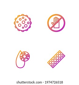 Set line Pills in blister pack, Blood test and virus, Virus and No handshake. Gradient color icons. Vector