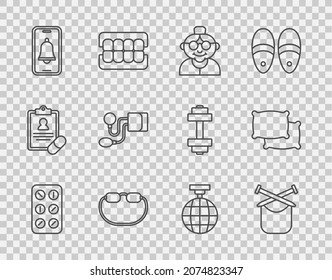 Set-line Pillen in Blisterpackung, Knittern, Großmutter, Brille, Notruf, Blutdruck, Disco-Ball und Kissen-Symbol. Vektorgrafik