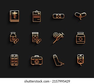 Set line Pills in blister pack, First aid kit, Medical book, Inhaler, IV bag, Medicine bottle and pills,  and syringe with needle icon. Vector