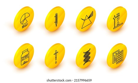 Set line Pills in blister pack, Pipette, Medicine bottle and pills, Glass test tube flask on fire heater, Light rays prism, Meteorology thermometer measuring and Pie chart infographic icon. Vector