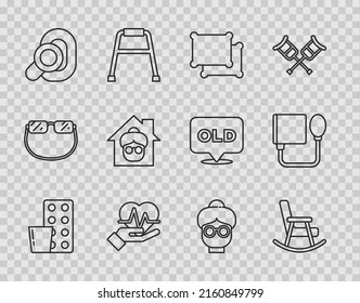 Ponga las píldoras de la línea en un blister, una silla de roca, una almohada, una frecuencia cardíaca, un audífono, un hogar de enfermería, una abuela y un icono de presión arterial. Vector