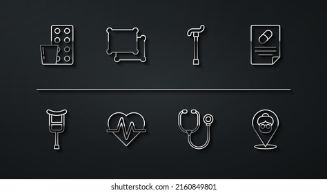 Set line Pills in blister pack, Crutch or crutches, Medical prescription, Stethoscope, Heart rate, Pillow, Nursing home and Walking stick cane icon. Vector