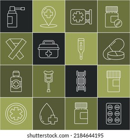 Set line Pills in blister pack, Medicine bottle, pill or tablet, Medical symbol of the Emergency, First aid kit, Awareness ribbon, with nozzle spray and digital thermometer icon. Vector